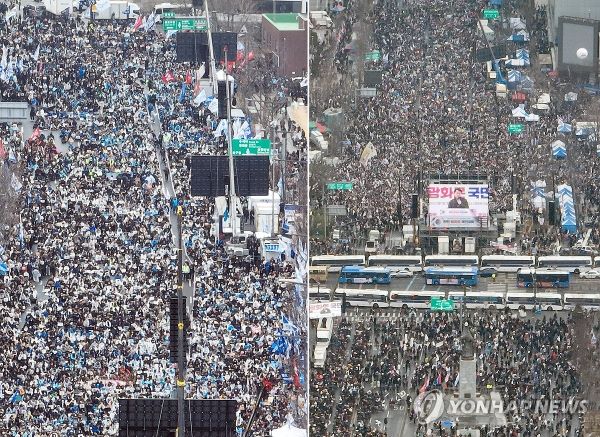 ​제106주년 3·1절인 1일 서울 도심은 윤석열 대통령에 대한 탄핵 찬반을 놓고 두 쪽으로 갈라졌다.(사진 출처: 연합뉴스)