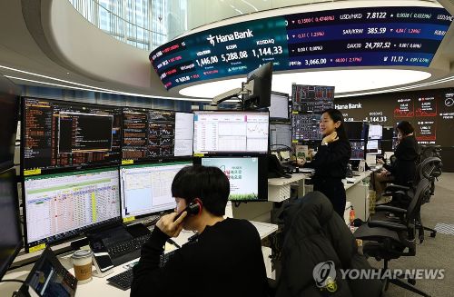 코스피가 3일 종가 기준 사상 최고치를 경신한 3일 서울 하나은행 본점에서 딜러들이 업무를 보고 있다. [사진 출처:연합뉴스]