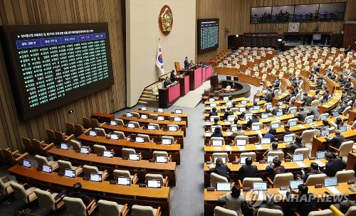 24일 국회에서 열린 12월 임시국회 본회의에서 허위조작근절법이 민주당 주도로 처리되고 있다. [사진 출처: 연합뉴스]