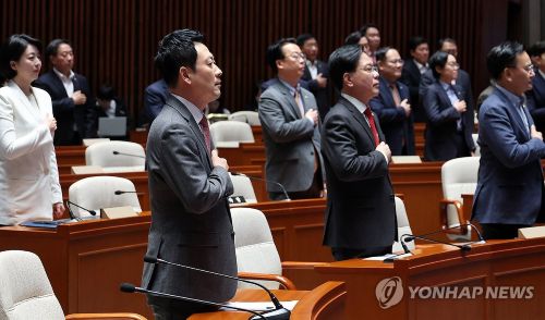 장동혁 대표와 송언석 원내대표를 비롯한 국민의힘 의원들이 9일 긴급 의원총회에서 국기에 경례하고 있다. [사진 출처: shutterstock]