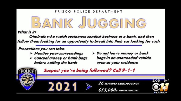 최근 프리스코에서 현금 갈취 행각인 bank jugging 범죄가 늘고 있다. (사진 출처: CBS DFW)