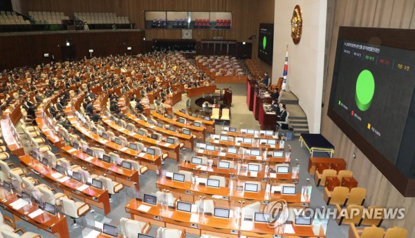 대북전단금지법 본회의 통과 2020년 12월 14일 오후 국회 본회의에서 대북전단을 금지하는 남북관계 발전에 관한 법률 일부개정법률안이 통과되고 있다. [연합뉴스 자료사진]