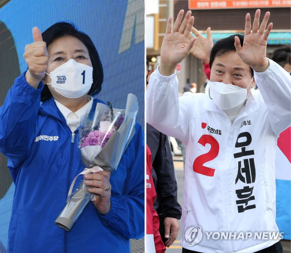 박영선ㆍ오세훈, 첫 날부터 숨가쁘게 (서울=연합뉴스) 4ㆍ7 재보궐 선거운동 첫날인 25일 더불어민주당 박영선 서울시장 후보와 국민의힘 오세훈 서울시장 후보는 서울 시내 곳곳을 돌며 지지를 호소했다. 더불어민주당 박영선 서울시장 후보가 이날 구로구 구로디지털단지에서 열린 유세출정식에서(왼쪽), 국민의힘 오세훈 서울시장 후보가 동대문구 경동시장에서 각각 유권자들의 지지를 호소하고 있다.