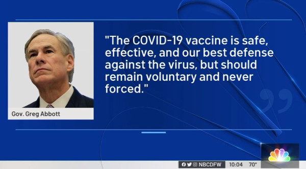 그렉 애봇 주지사가 어제 텍사스 내 모든 조직에서 백신 접종을 의무화하지 못하도록 하는 행정명령을 내렸다. (사진 출처: NBC5)