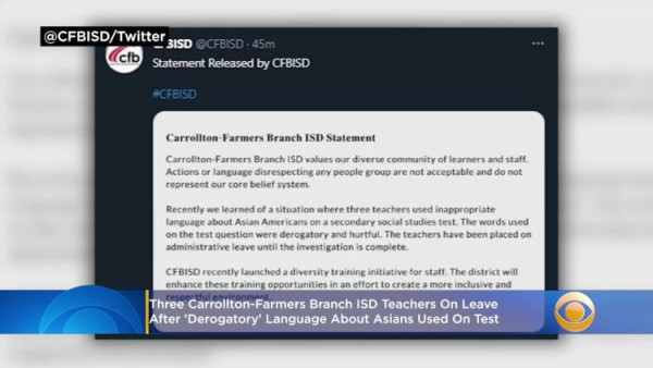 캐론튼-파머스 브랜치 ISD 한 중학교 교사 3명이 사회 시험 문제에 아시안 비하 표현을 사용해 정직에 처해졌다. (사진 출처: CBS DFW)