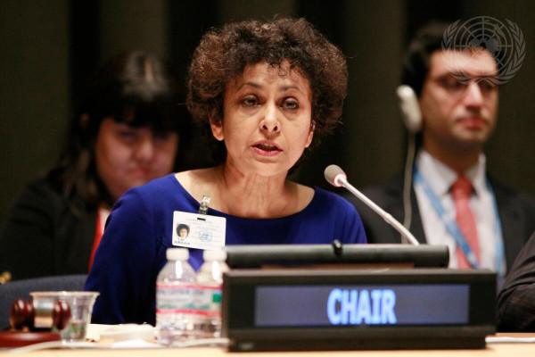 아이린 칸 유엔 의사·표현의 자유 특별보고관이 2014년 6월 10일 미국 뉴욕에서 열린 유엔 회의에서 당시 국제개발법기구 사무총장 자격으로 발언하고 있다.
