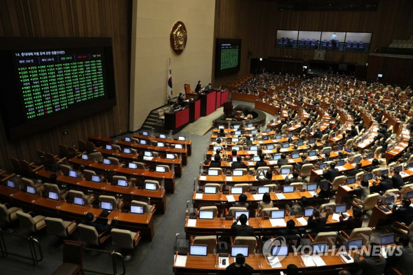 중대재해 처벌 등에 관한 법률안 본회의 통과 (서울=연합뉴스) 하사헌 기자 = 8일 오후 서울 여의도 국회에서 열린 본회의에서 중대재해 처벌 등에 관한 법률안(대안)이 가결되고 있다. toadboy@yna.co.kr