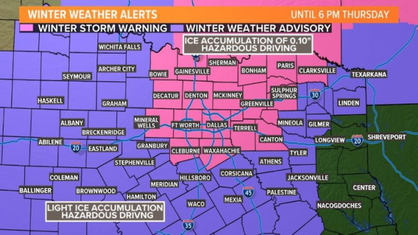 연방 기상청은 북텍사스의 도로 상태가 오늘 정오 무렵까지 가장 위험할 것이라고 경고했다. (사진 출처: WFAA)