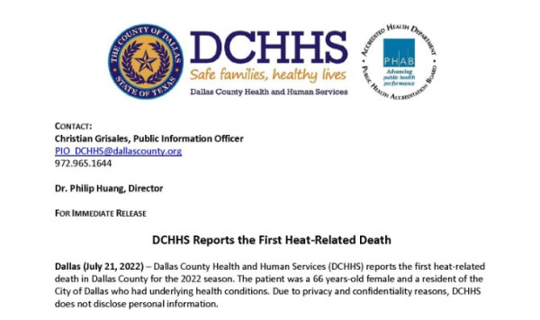 달라스 카운티가 올해 첫 온열환자 사망자를 보고했다. (사진 출처=달라스 보건국)