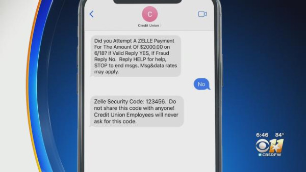 송금 서비스 Zelle을 악용한 문자 사기가 기승을 부리고 있다. (사진 출처=CBS DFW)