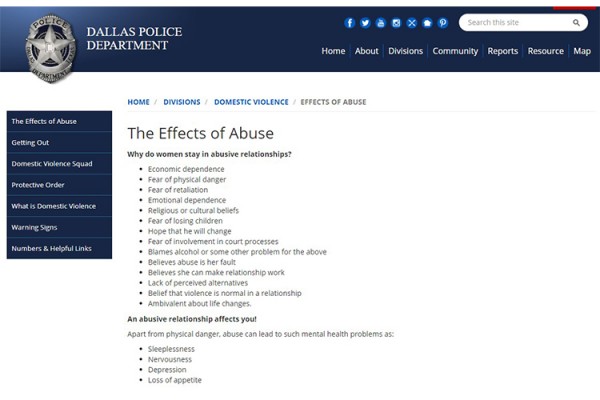 현재 달라스 경찰국 웹페이지에는 가정폭력에 대한 자세한 정보가 정리돼있다.