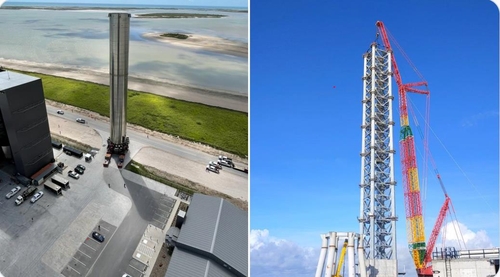 슈퍼 헤비 로켓(왼쪽)과 479ft 높이로 건설될 예정인 발사탑(오른쪽) [사진 출처: 연합뉴스 / 일론 머스크 트위터 캡처]